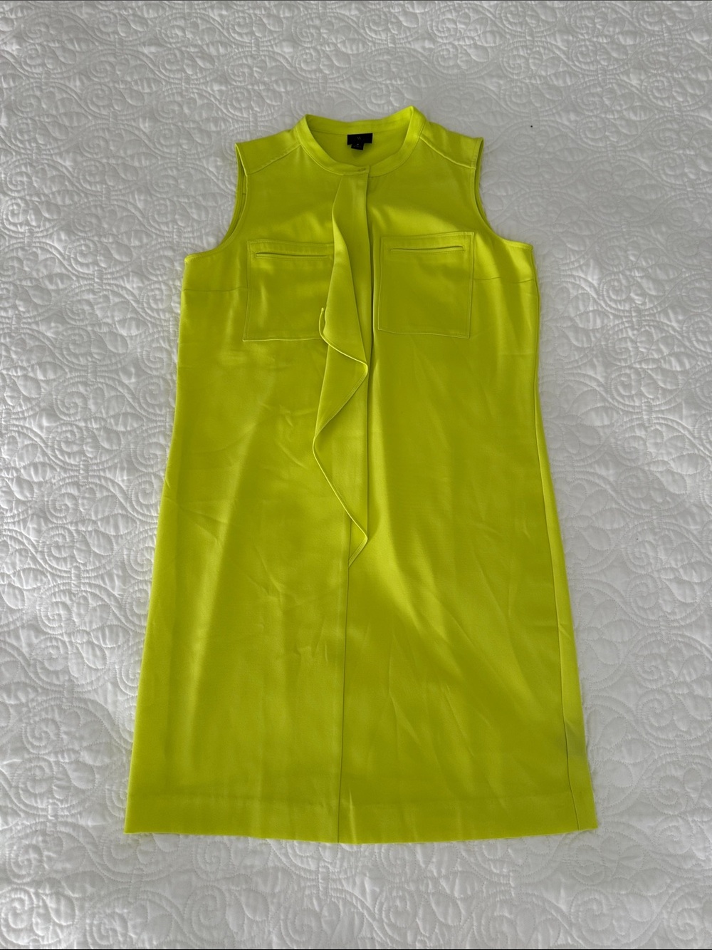 Sleeveless Neon Yellow Shift Dress with Front Ruffle and Slip lining